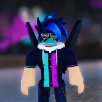 BanTech's avatar from Roblox, with blue spikey hair, white slotted glasses, an invisible head, raven wings, and a blue/pink bowling shirt.